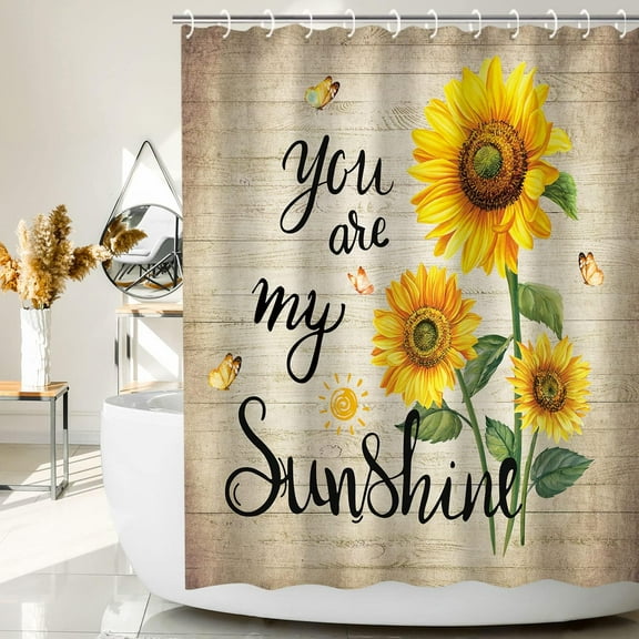 Sunflower Shower Curtain, Rustic Floral Sunflower and Butterfly Shower Curtains Set with 12 Hooks, You are My Sunshine Shower Curtain, Sunflower Shower Curtains for The Bathroom, 72" W x 72" H