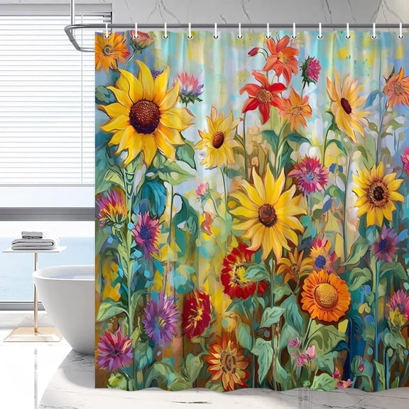 Sunflower Shower Curtain, Rustic Oil Painting Wildflower Waterproof Bathroom Curtain with Hooks, Farmhouse Floral Decor 36"W x 72"H