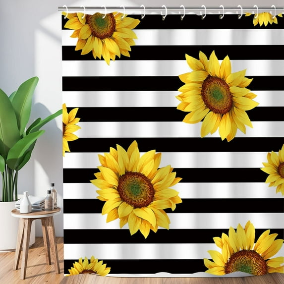 Sunflower Shower Curtain Set with 12 Hooks,Fabric Black and White Striped Sunflower Bathroom Curtain Creative Yellow Floral Modern Bathroom Accessories, Machine Washable (72" W x 84" H)