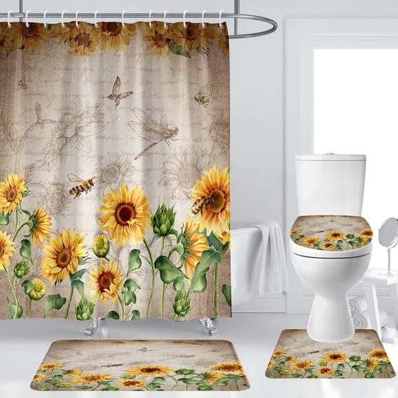 Sunflower Shower Curtain Set 4 Pcs Flower Floral Vintage Bathroom Decor with Rugs Farmhouse Rustic Retro Country Yellow Black Mat Toilet Lid Cover U Shaped Non-Slip Fabric Polyester 60x72 Inch