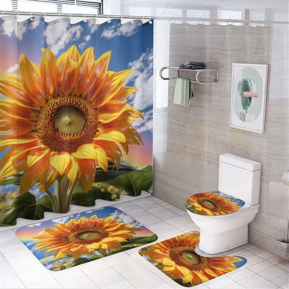 Sunflower Shower Curtain Set 4PCs with Hooks Waterproof Bathroom Toilet Mat Lid Decor 4pcs