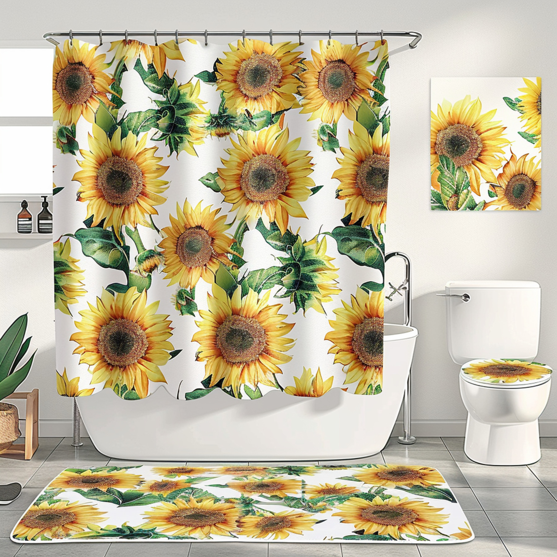 Sunflower Shower Curtain Set Floral Bathroom Decor White Background