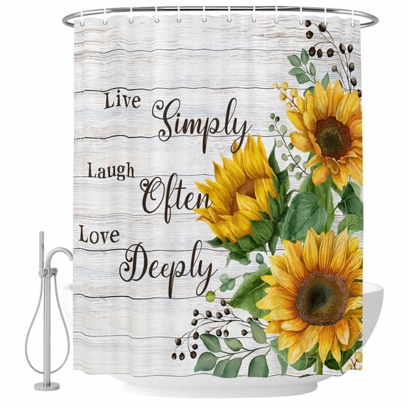 Sunflower Shower Curtain Set with Hooks, Live Simply Laugh Often Love Deeply Wood Grain Water Repellent Shower Curtains for Bathroom Decor Sturdy Shower Curtain, Machine Washable 36x72 Inch