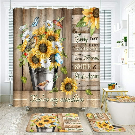 Sunflower Shower Curtain Sets with Non-Slip Rug, Toilet Lid Cover and Bath Mat, Butterfly Shower Curtain Set with Hooks, Waterproof Vintage Farmhouse Bathroom Set Decor