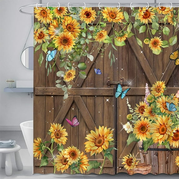 Sunflower Shower Curtain Vintage Farmhouse Barn Door Decor Curtain for Bathroom Spring Floral Waterproof Fabric Bath Curtain with 12 Hooks 72x72 Inches