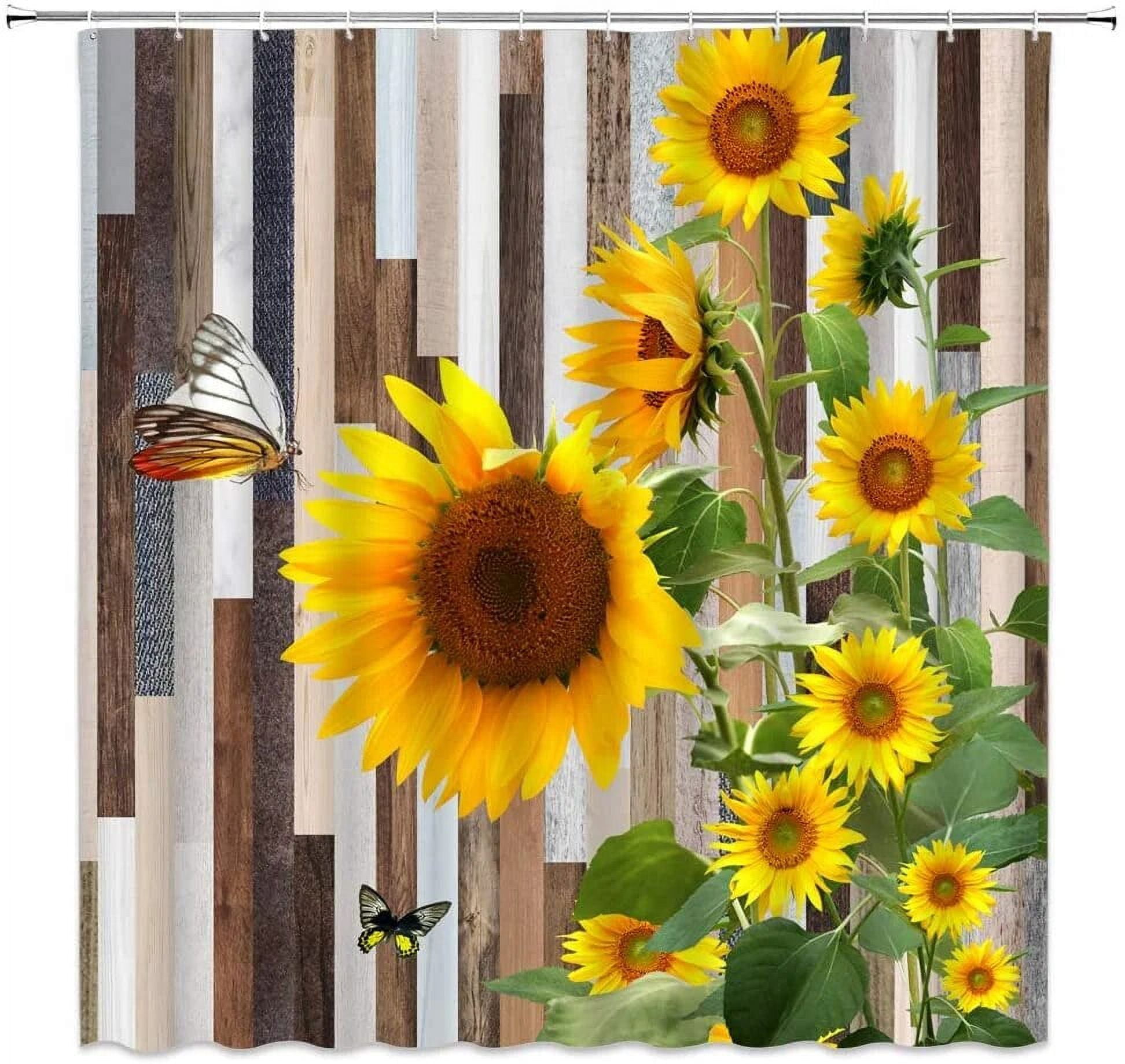 Sunflower Shower Curtain Wooden Boards Background Inspirational Quotes ...