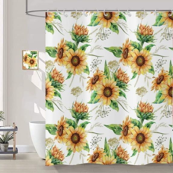 Sunflower Shower Curtain, Yellow and White Blossoming Flower with Green Leaf Spring Farmhouse Bathroom Curtain for Home Bathtub Decor Waterproof Fabric Machine Washable with Hooks,72" Wx72 L
