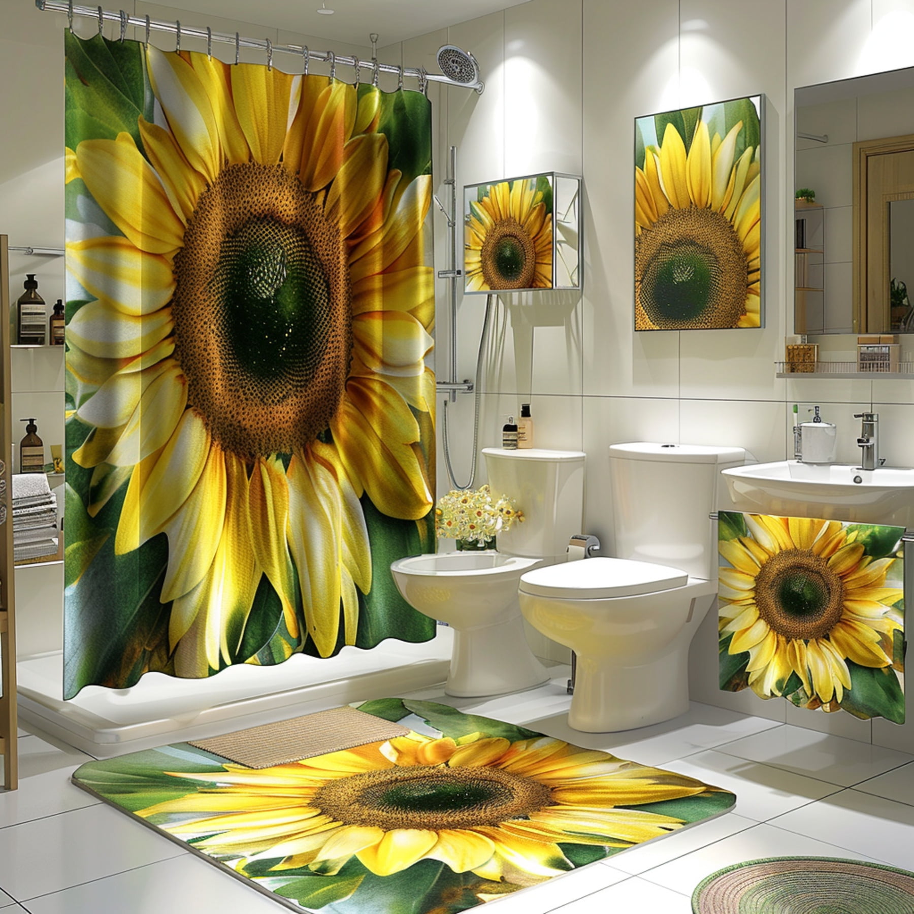 Sunflower Shower Curtain Yellow and Green Bathroom Decor Set with Details Brighten Your Bathroom