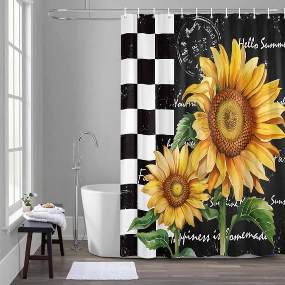 Sunflower Shower Curtain for Bathroom Decor, Farmhouses Countryside Vintage Floral Plaid Waterproof Fabric Shower Curtain, 72"x84" Set with 12 Hooks