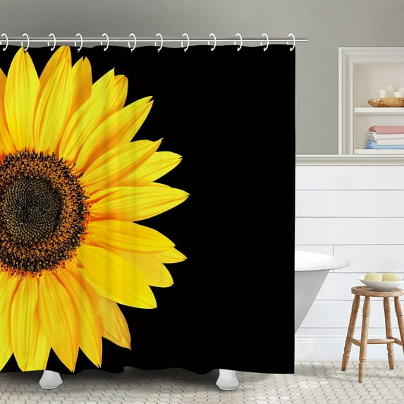 Sunflower Shower Curtain with 12 Hooks, Yellow Floral Shower Curtain, Flower Waterproof Shower Curtain, Plant Bath Curtain for Bathroom, 72W X 72H