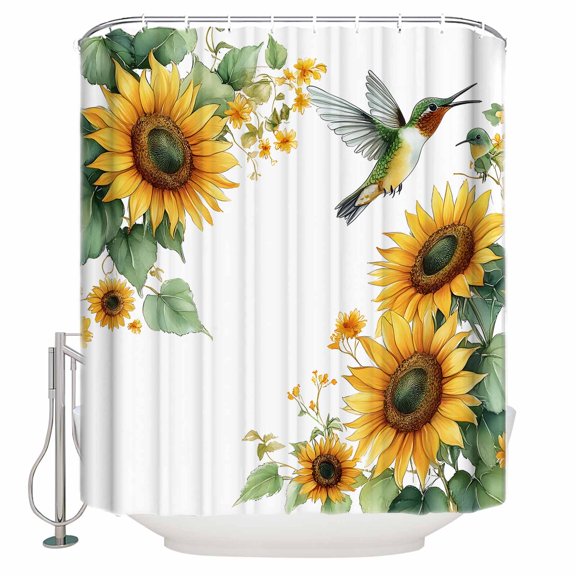 Sunflower Shower Curtains for Bathroom Waterproof Fabric Bath Curtains Decor Bath Tub Curtain Green Summer Flower Birds Pastoral Decorative Shower Curtain Sets with 12 Hooks, 72x72 Inch