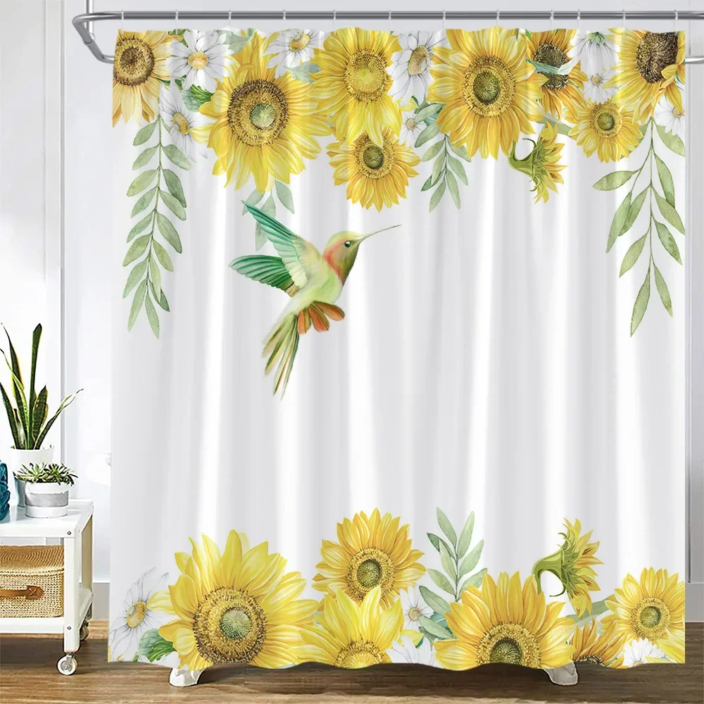 Sunflower Shower Curtains Butterfly Yellow Flowers Plant Leaves ...