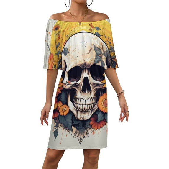 Sunflower Skull (1) Women's Off The Shoulder Ruffles Summer Wedding Guest Loose Casual Party Beach Dress