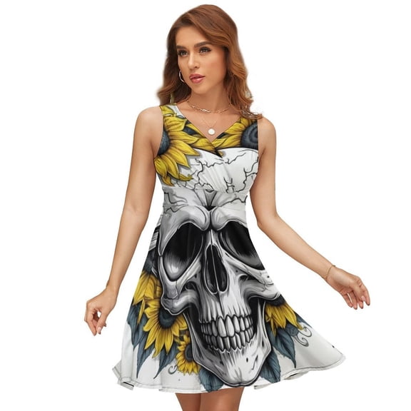 Sunflower Skull (6) Sleeveless Dress Women Summer Evening Dresses Ladies Sundress