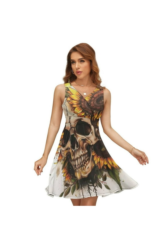 Sunflower Skull (7) Dress Fashion Beach Long Dresses Female Party Printed Sundress