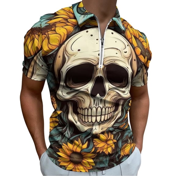 Sunflower Skull (8) Men Zipper T-shirt Summer Casual Short Sleeve T-shirt Top