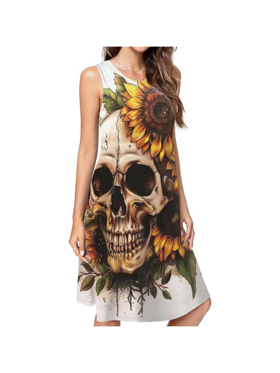 Sunflower Skull Casual Sleeveless Loose Sundress Dress For Women Summer Dress Daily Woman