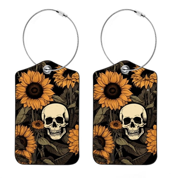 Sunflower Skull Square PU Leather Luggage Tags - 2 Pack with Privacy Cover and Stainless Steel Ring - Suitable for Travel, Backpack, Handbag - Suitcase Tags, Travel Tag