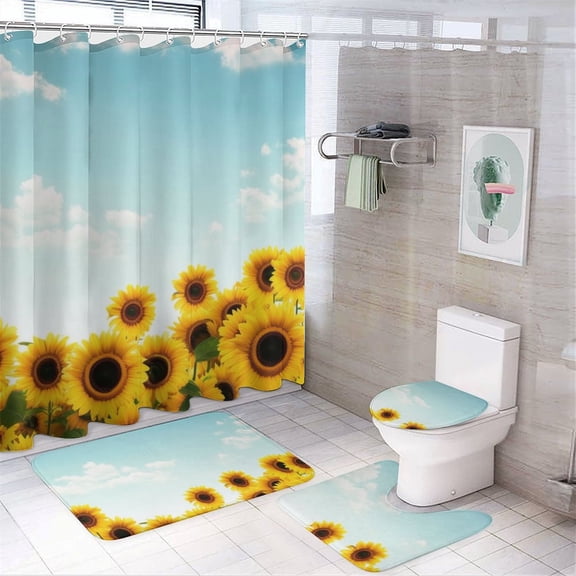 Sunflower Sky 4 Pcs Bathroom Shower Curtain Set, Bathroom Sets with Rugs (Bath Mat, U Shape and Toilet Lid Cover Mat) and 12 Hooks,