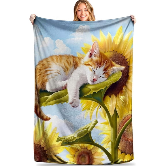 Sunflower Slumber Cat Throw Blanket Ultra Soft, Cozy, Lightweight Flannel Warm, Plush, Fuzzy Decor for Couch, Office, Travel Fluffy, Cute Cat and Flower Design 50x60 Inch