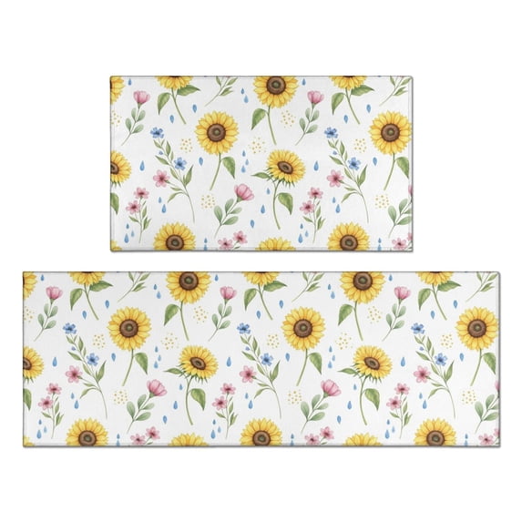 Sunflower and Small Flower White Anti Fatigue Kitchen Rugs Set Of 2, Non Slip Washable Decorative Floor Mats for Kitchen Sink Laundry, 17"x30" and 17"x47"