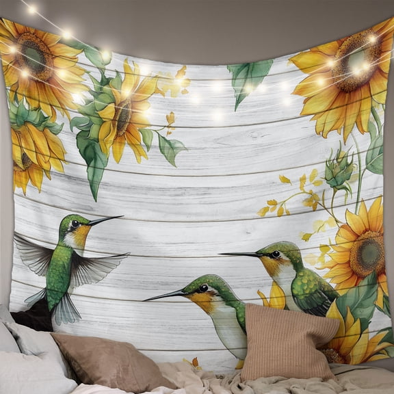 Sunflower Small Tapestry for Bedroom Wall Hanging Tapestry, Hummingbird Summer Botanical Wooden Ceiling Backdrop Tapestries Poster Blanket Wall Decor for Teens Room Living Room Dorm 23" x 28"