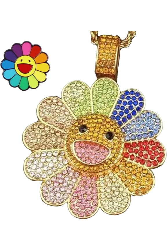 Sunflower Smiley Face Funny Cartoon Spinning Necklace Takasi Murakmi Concept Personalized Brooch(Set of 2)
