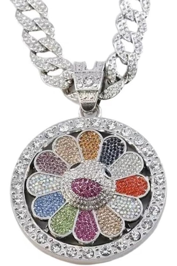 Sunflower Smiley Face Hip Hop Necklace Colorful Spinning Petal Taksi Murakm Necklace,Silver Color