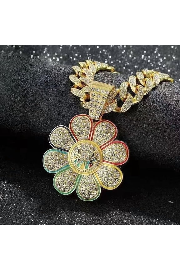 Sunflower Smiley Face Hip Hop Necklace Taksi Necklace,Gold Color