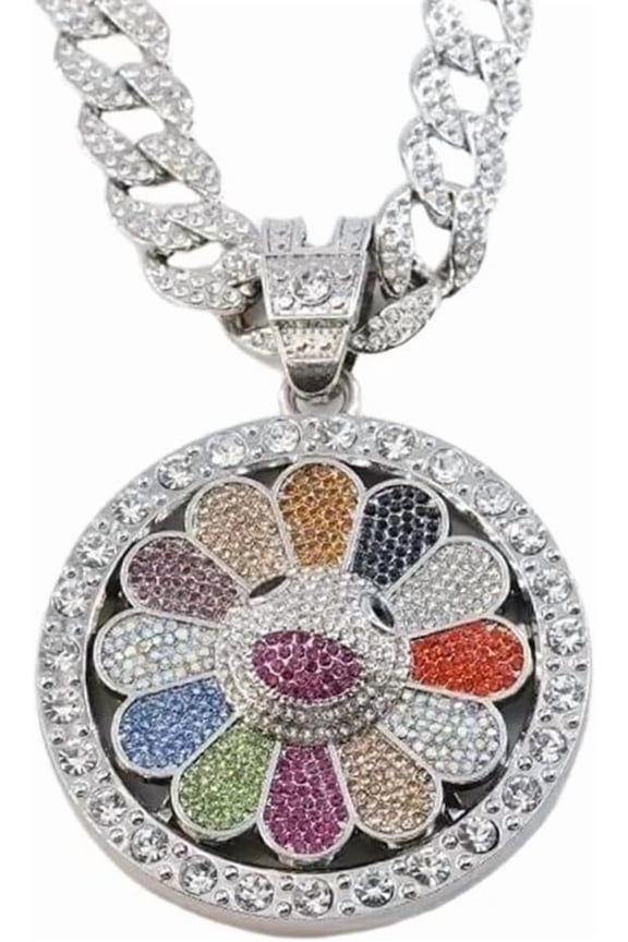 Sunflower Smiley Face Hip Hop Punk Necklace Spinning Petal Taksi Murakm Necklace,Silver Color