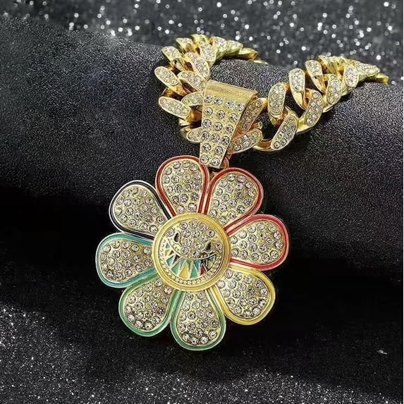 Sunflower Smiley Face Medal Necklace Hip Hop Colorful Petal Necklace Taksi Necklace,Gold Color