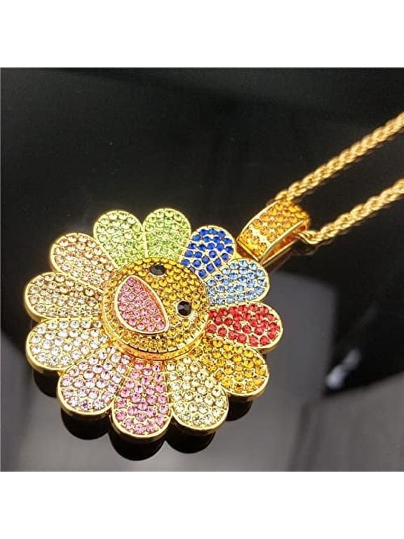 Sunflower Colorful Petal Smiley Face Necklace Rotatable Hip Hop Pendant Necklace ,Spinning Plate
