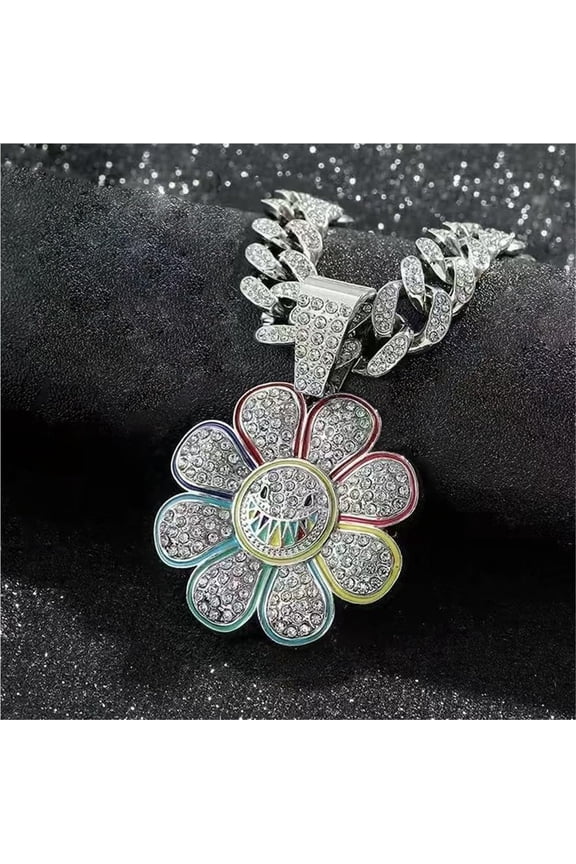Sunflower Smiling Face Necklaces,Hip Hop Necklace Personalized Chain,Silver Color