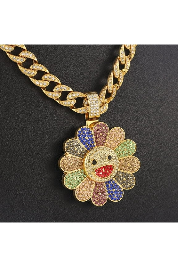 Sunflower Smiling Face Necklaces, Hip Hop Pendant Necklace Cuban Chain for Men Women,Gold Color,Rotatable