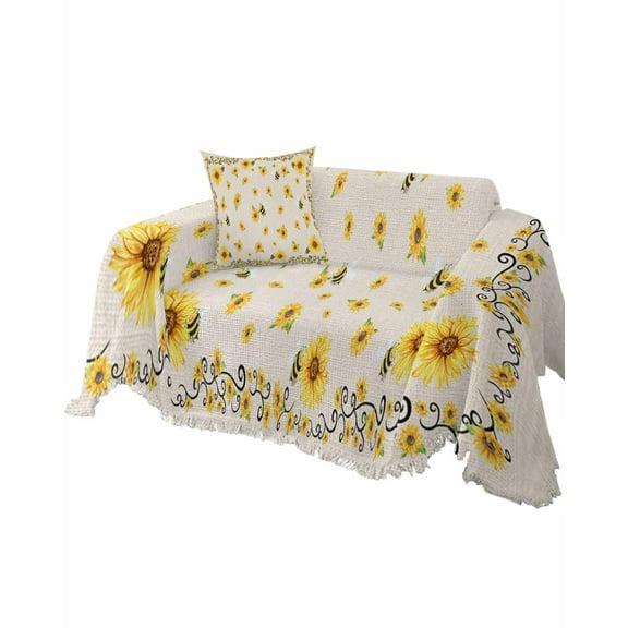 Sunflower Sofa Couch Covers for Dogs,Washable Sectional Couch Slipcovers for Loveseat with Tassel,Spring Floral Retro Farmhouse Summer Bee Yellow Non Slip Sofa Throw Cover Blanket Large 71''x102''