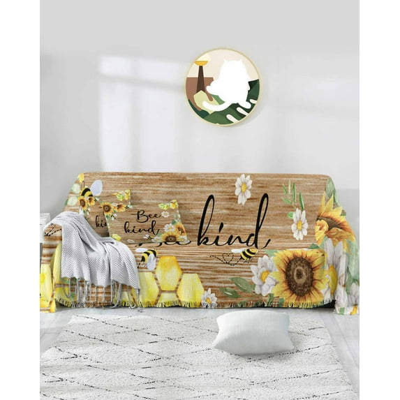 Sunflower Sofa Covers for 3 Cushion,Washable Couch Cover for Sectional Sofa Slipcoverwith Tassel,Summer Bee Eucalyptus Leaves Retro Wood Grain Loveseat Covers Futon Cover Throw Blanket 71''x118''