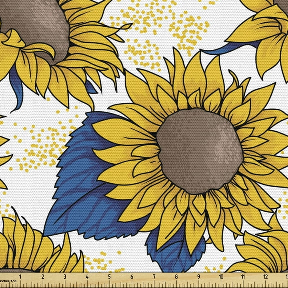 Sunflower Sofa Upholstery Fabric by the Yard, Graphic Harvest Themed Illustration Cartoon Design, Decorative Fabric for DIY & Home Accents, 5 Yards, Earth Yellow Blue by Ambesonne