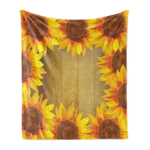 Sunflower Soft Flannel Fleece Blanket, Sunflower Arranged in a Circle on a Wooden Background Flower Frame Illustration, Cozy Plush for Indoor and Outdoor Use, 50" x 70", Brown Orange, by Ambesonne