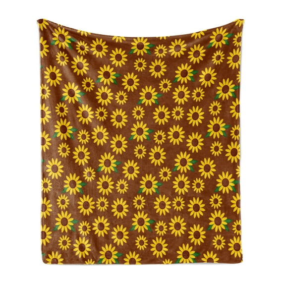 Sunflower Soft Flannel Fleece Blanket, Cartoon Blossoms Lively Petals and Green Leaves Nature Gardening Plants, Cozy Plush for Indoor and Outdoor Use, 50" x 60", Brown Yellow Green, by Ambesonne