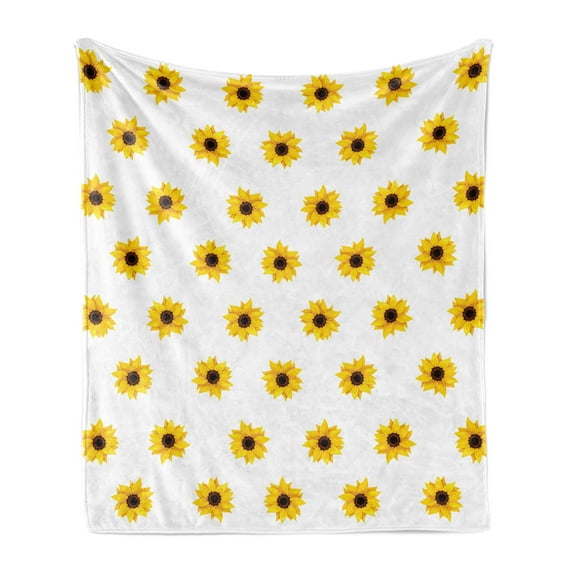 Sunflower Soft Flannel Fleece Blanket, Sunflower Pattern on a White Background Vibrant Nature Elements Simple Seasonal Art, Cozy Plush for Indoor and Outdoor Use, 50" x 70", Yellow, by Ambesonne