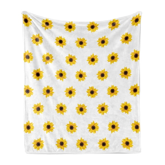 Sunflower Soft Flannel Fleece Blanket, Sunflower Pattern on a White Background Vibrant Nature Elements Simple Seasonal Art, Cozy Plush for Indoor and Outdoor Use, 70" x 90", Yellow, by Ambesonne