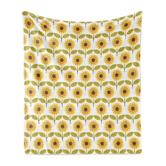 Sunflower Soft Flannel Fleece Blanket, Sunflowers Pattern Autumn Season Country Style Retro Illustration Print, Cozy Plush for Indoor and Outdoor Use, 70" x 90", Yellow White Green, by Ambesonne