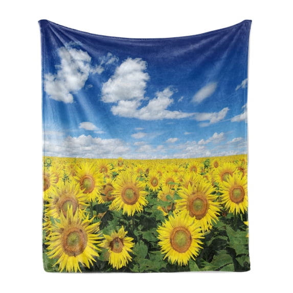 Sunflower Soft Flannel Fleece Throw Blanket, Fresh Sunflowers Field Under Clear Sky Clouds Countryside Farm Picture, Cozy Plush for Indoor and Outdoor Use, 50" x 60", Blue Green Yellow, by Ambesonne