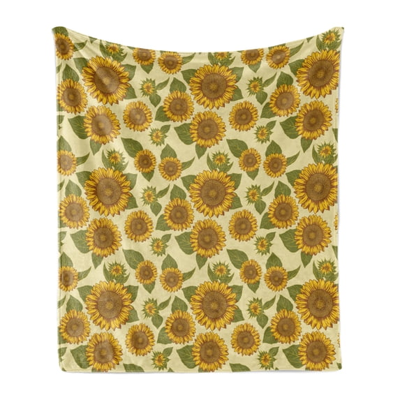 Sunflower Soft Flannel Fleece Throw Blanket, Funky Style Sunflower in Pastel Colors Old Fashioned Nostalgic Vintage Print, Cozy Plush for Indoor and Outdoor Use, 70" x 90", Green Yellow, by Ambesonne