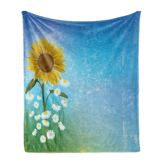 Sunflower Soft Flannel Fleece Throw Blanket, Grunge Floral Illustration Flowers and Chamomiles Pastel Summer Art, Cozy Plush for Indoor and Outdoor Use, 60" x 80", Blue Yellow Green, by Ambesonne