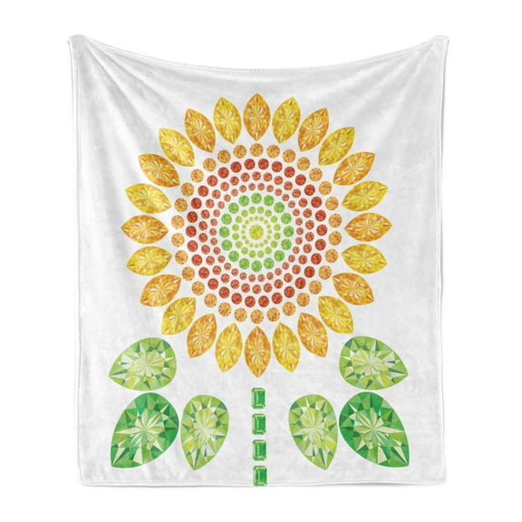 Sunflower Soft Flannel Fleece Throw Blanket, Round Flower Mandala Design Diamond and Pearl Print, Cozy Plush for Indoor and Outdoor Use, 50" x 70", Yellow White and Green, by Ambesonne