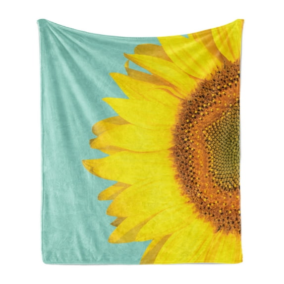 Sunflower Soft Flannel Fleece Throw Blanket, Summer Flower Photo with Close up View Half Petal Print, Cozy Plush for Indoor and Outdoor Use, 50" x 70", Mustard Dark Orange, by Ambesonne