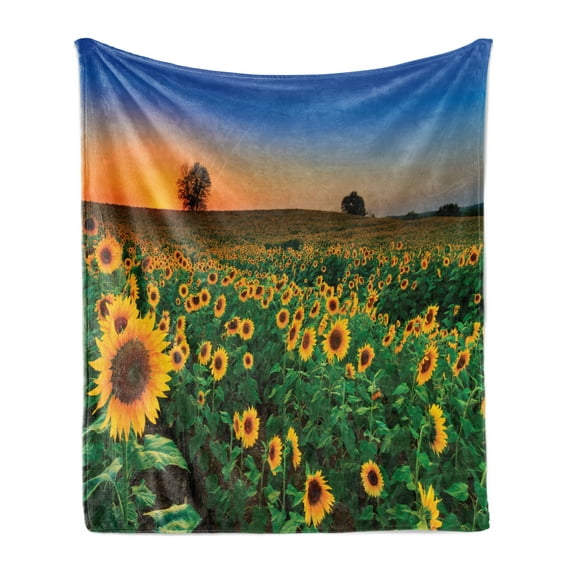 Sunflower Soft Flannel Fleece Throw Blanket, Summer Themed Digitally Generated Photo of Flower Filed at Sunset Vivid Sky, Cozy Plush for Indoor and Outdoor Use, 50" x 70", Multicolor, by Ambesonne