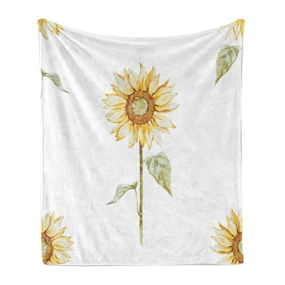 Sunflower Soft Flannel Fleece Throw Blanket, Sunflowers Watercolor Painting Effect and in Minimalistic Design Artwork, Cozy Plush for Indoor and Outdoor Use, 60" x 80", Yellow Green, by Ambesonne