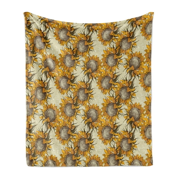 Sunflower Soft Flannel Fleece Throw Blanket, Vintage Style Ornament with Flowers Agriculture Nature Theme Sketchy Artwork, Cozy Plush for Indoor and Outdoor Use, 50" x 60", Multicolor, by Ambesonne